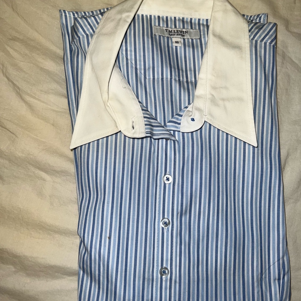 TM Lewin Blue Striped Fully Fitted Button-Down Shirt - UK Size 18; US 16